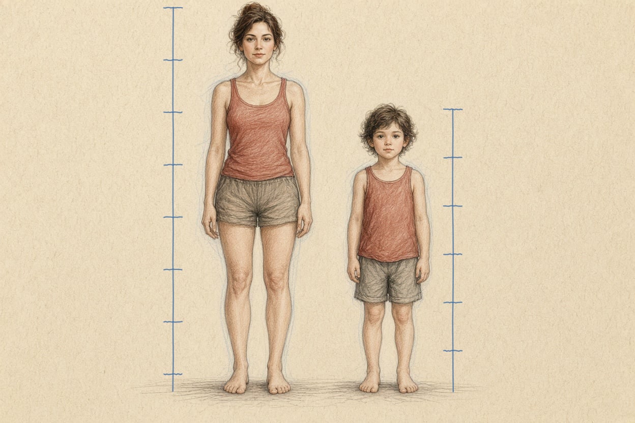 Same scale: the woman is about seven heads tall, the child almost six. The child's head is relatively larger.
