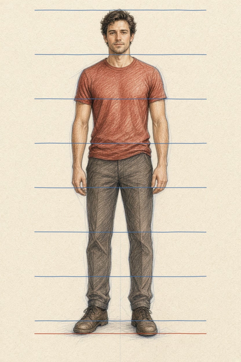 This adult measures just over seven head heights: the blue lines are one head apart, red marks the ground.