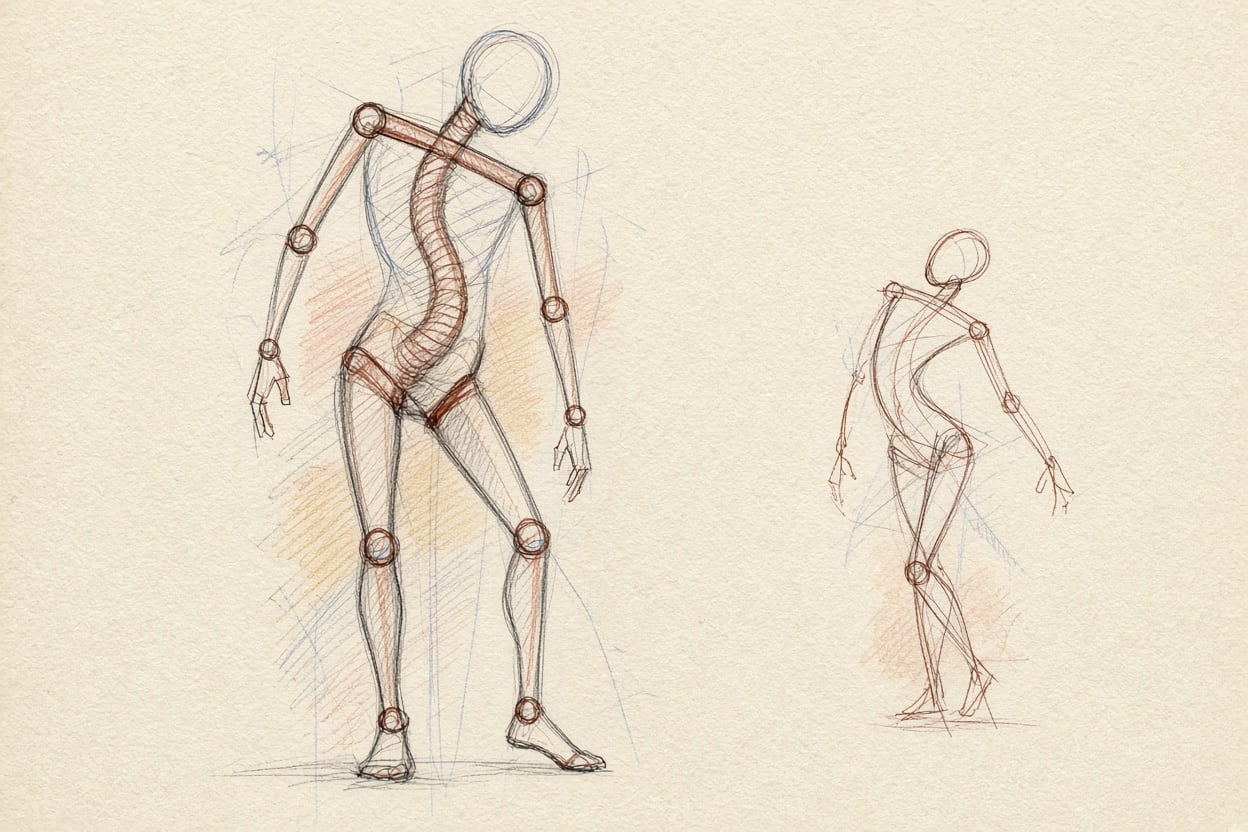 Shoulder and hip lines tilt against each other, the spine links them as a curve. On the right, the same pose as a quick gesture.