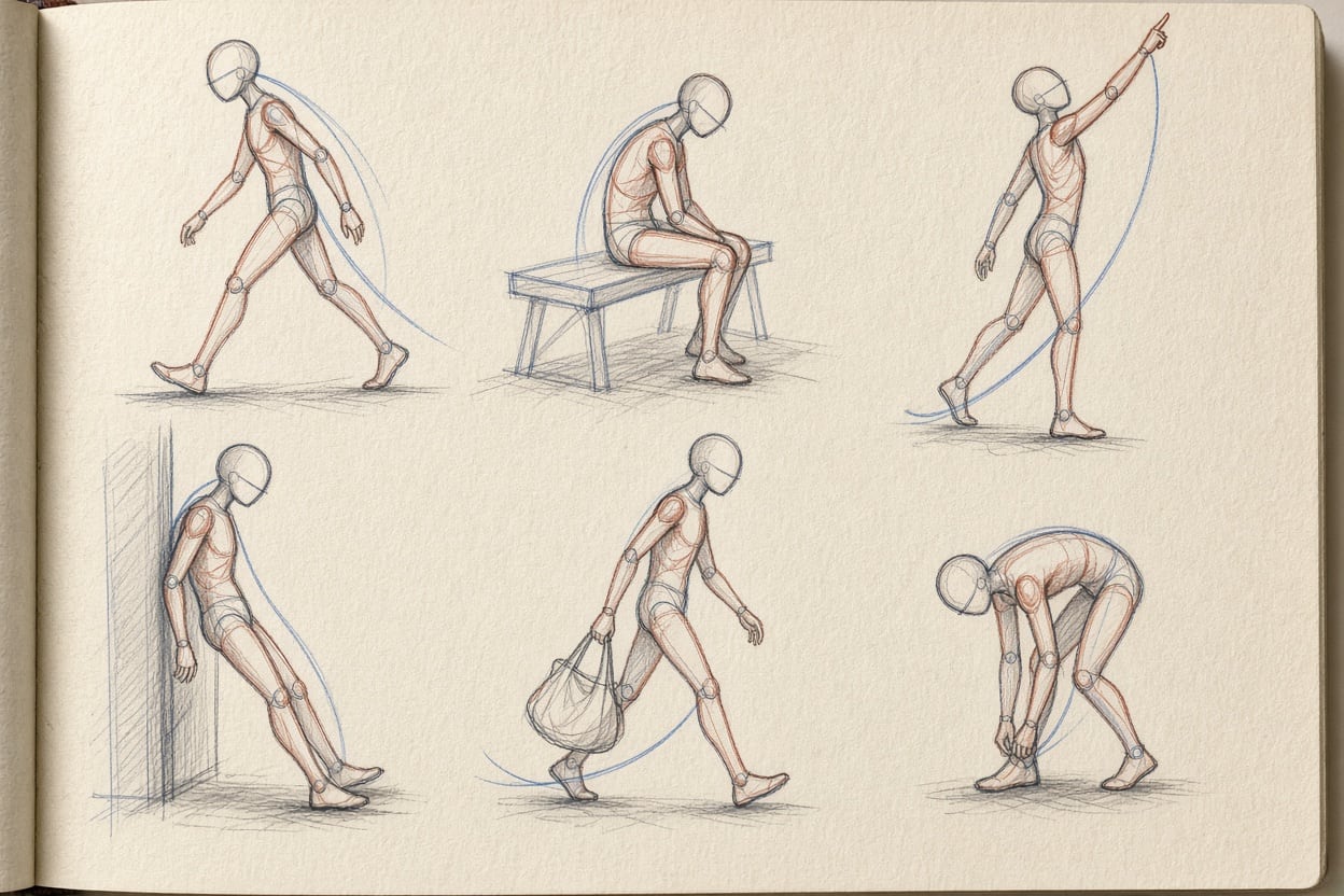 Six poses as a jointed mannequin; in blue, the action line running through the whole body.