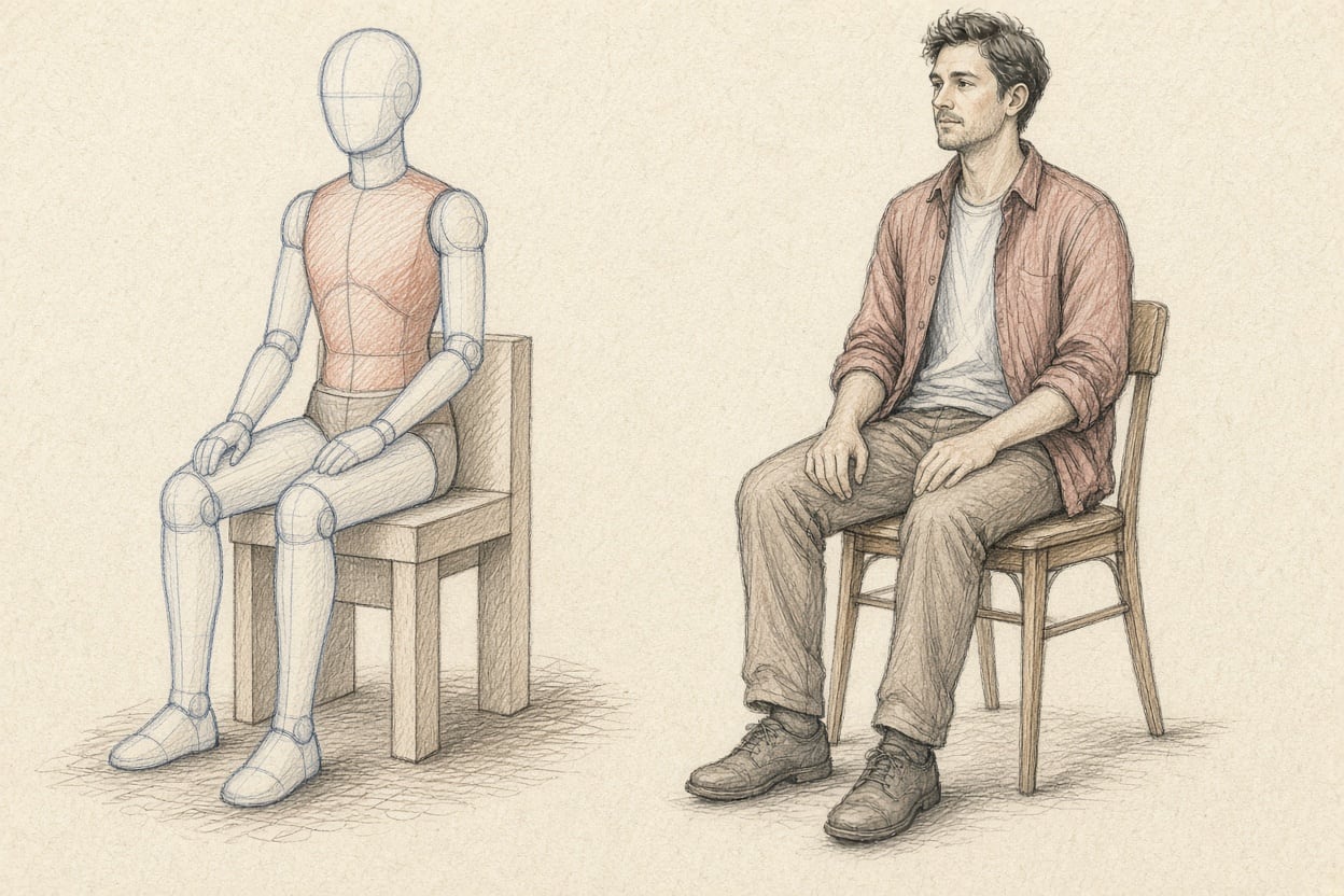 The same seated pose twice: on the left built from simple forms, on the right as a finished sketch.