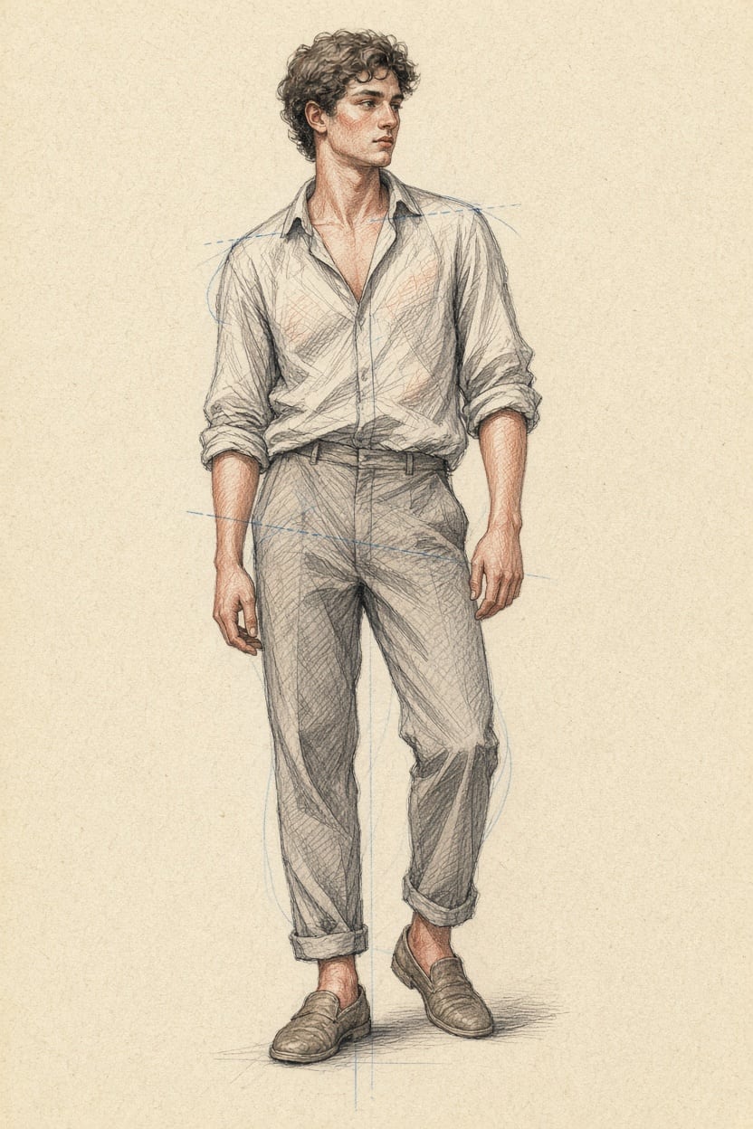Contrapposto: shoulder and hip lines tilt in opposite directions; the blue plumb line from the pit of the neck lands on the standing foot.