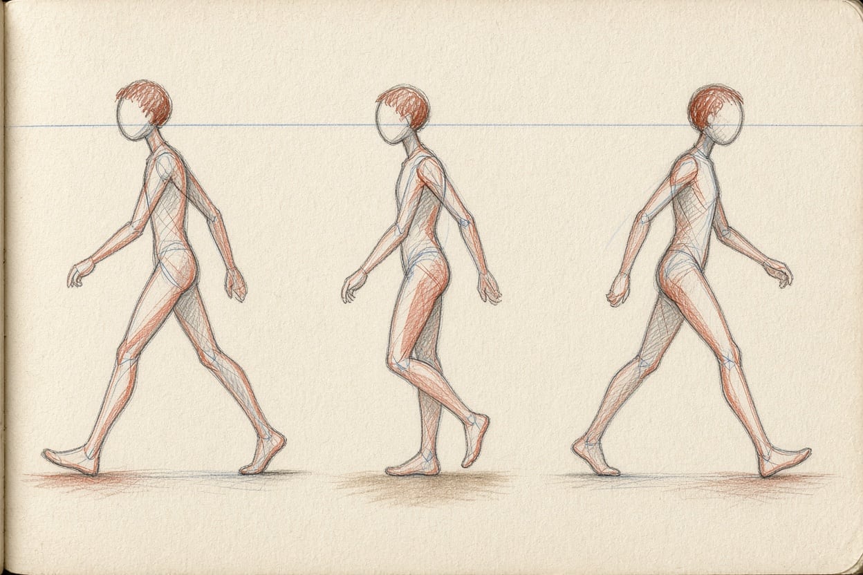 Three moments of a step. The head stays at almost the same height.