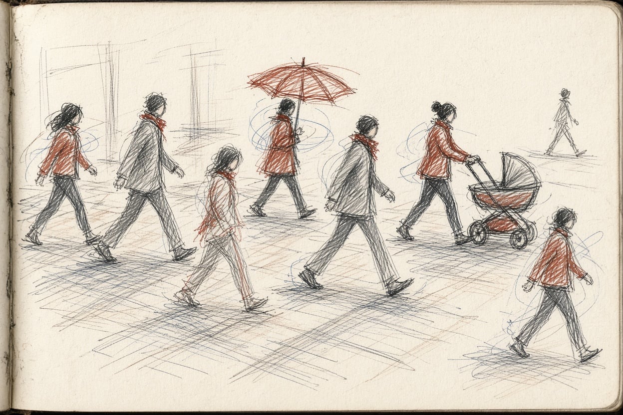 Quick gestures of passers-by: a few strokes, arms swinging against the legs.