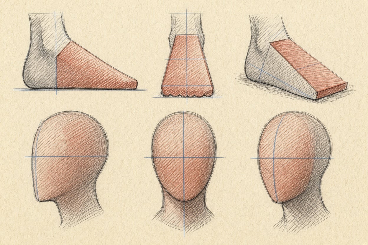 Feet as wedges from three views; heads with a centre line and the eye line at half height.