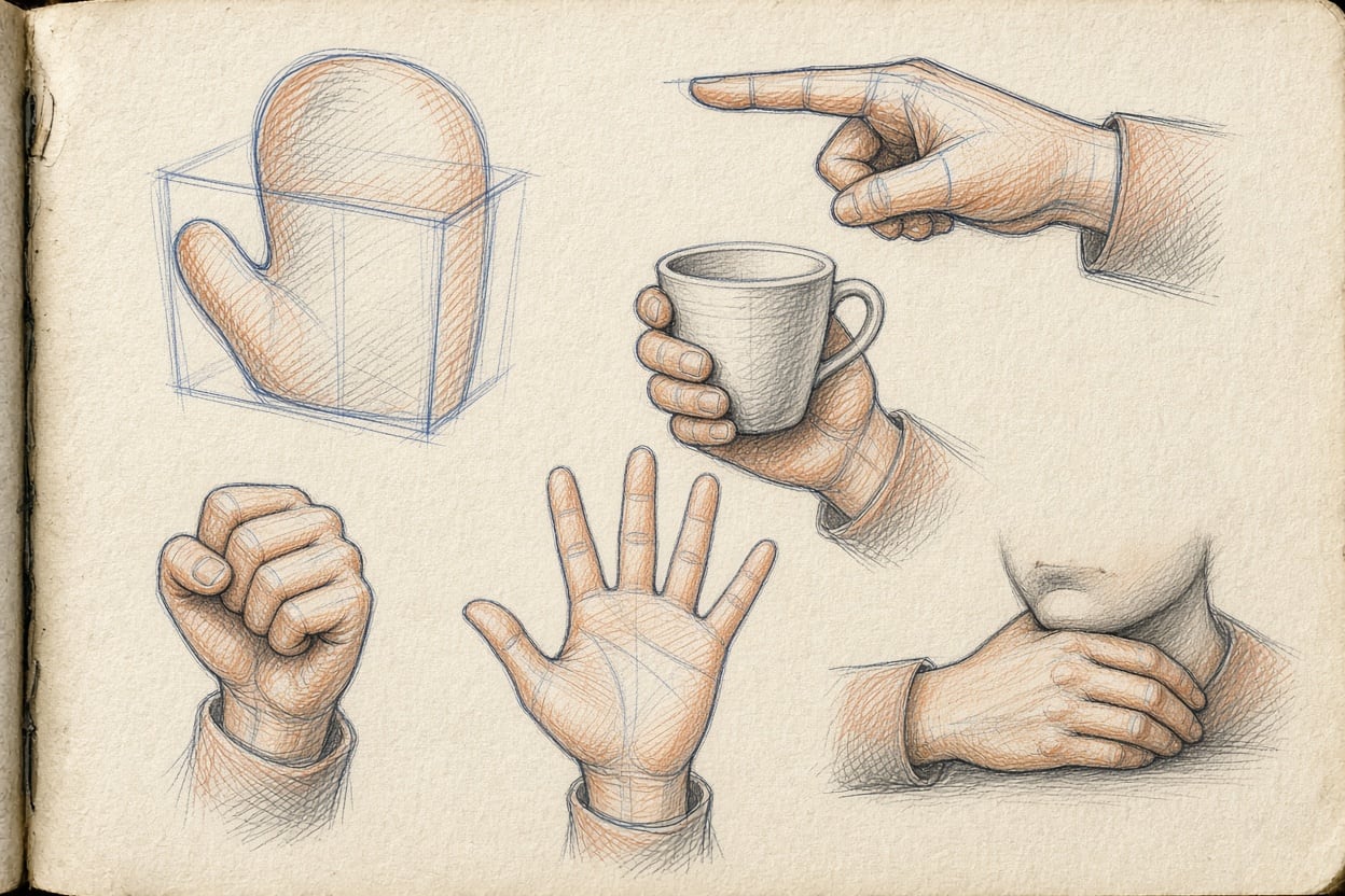 The hand as a mitten with a thumb inside a box, developed into five poses.