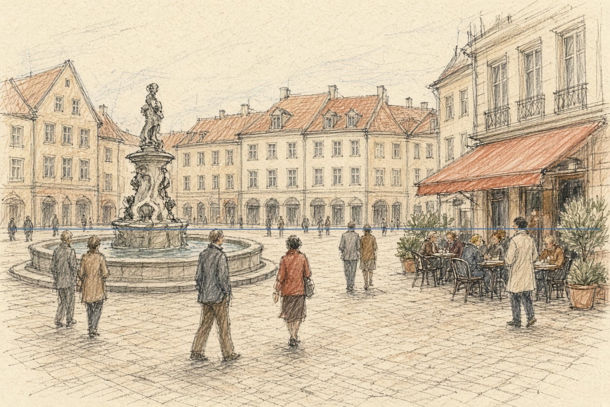 On a level square the heads of everyone standing sit on the eye level (blue): big when near, small when far.